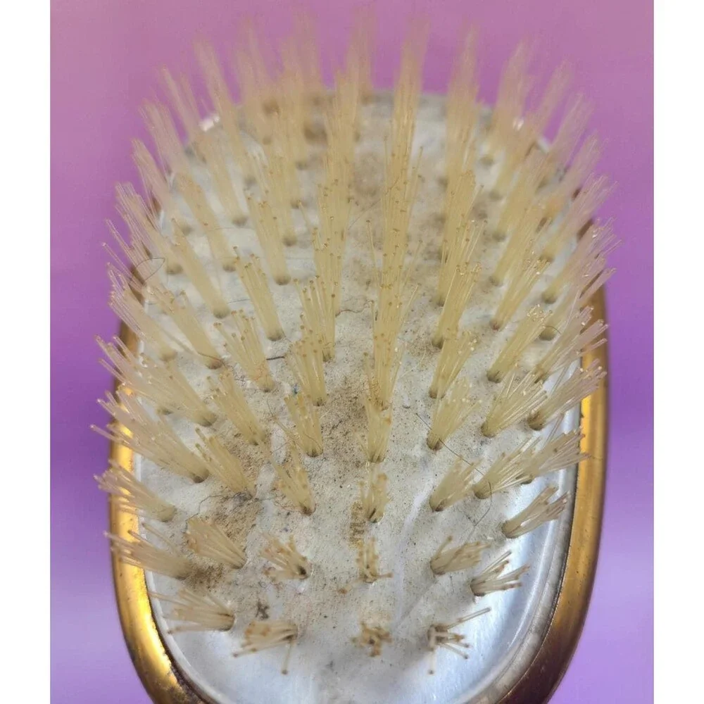 Mid-Century Gold-Tone Hand Mirror & Hairbrush Set Metallic Paisley Fabric Backs